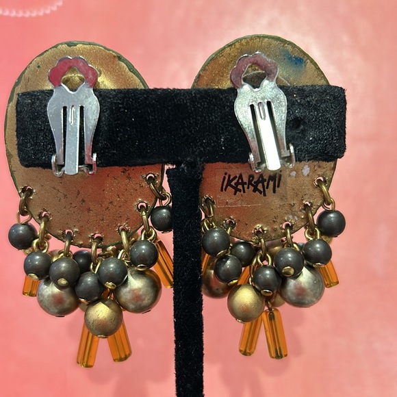 Vintage IKARAMI Iridescent Amber And Gold Beaded Earrings-Boutique - Picture 5 of 7